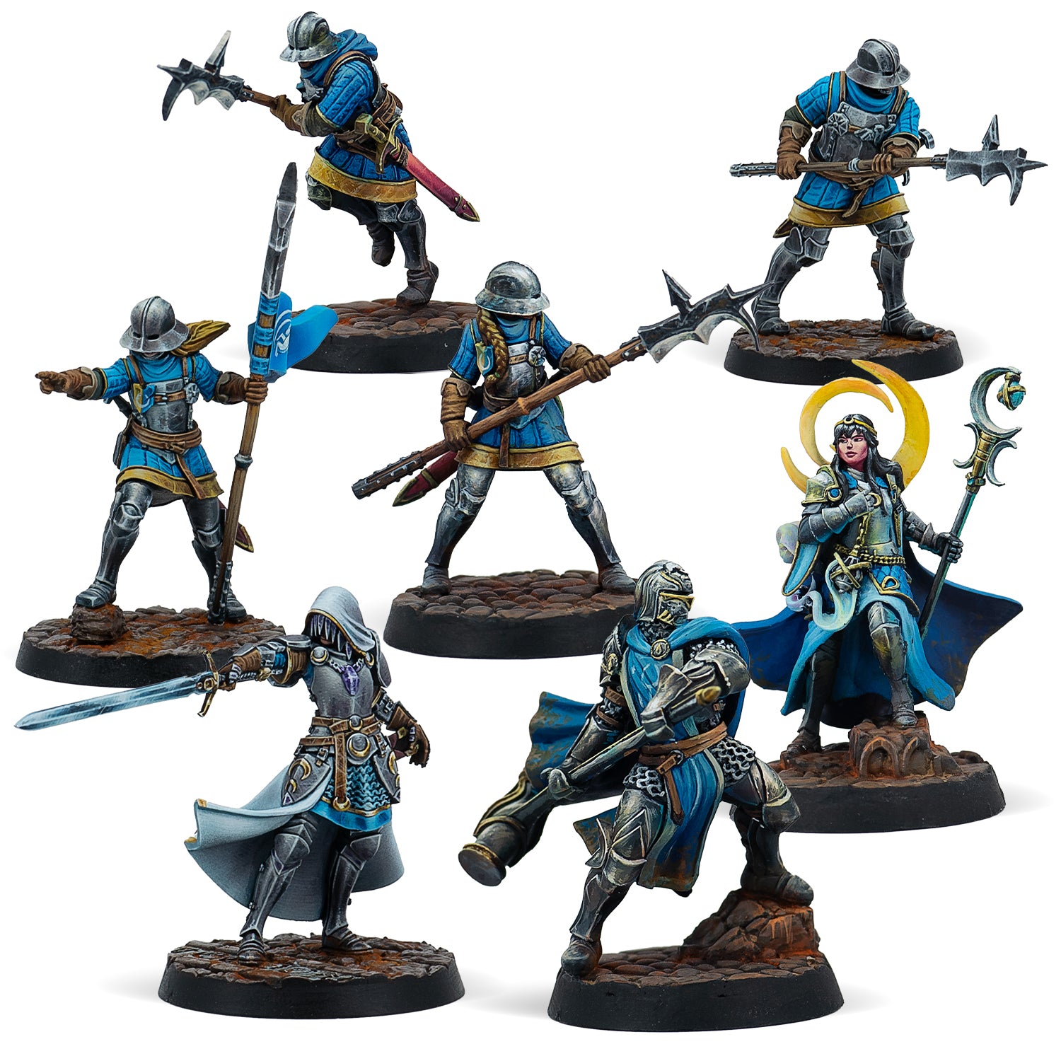 Collection of detailed miniature figurines on stands against a white background