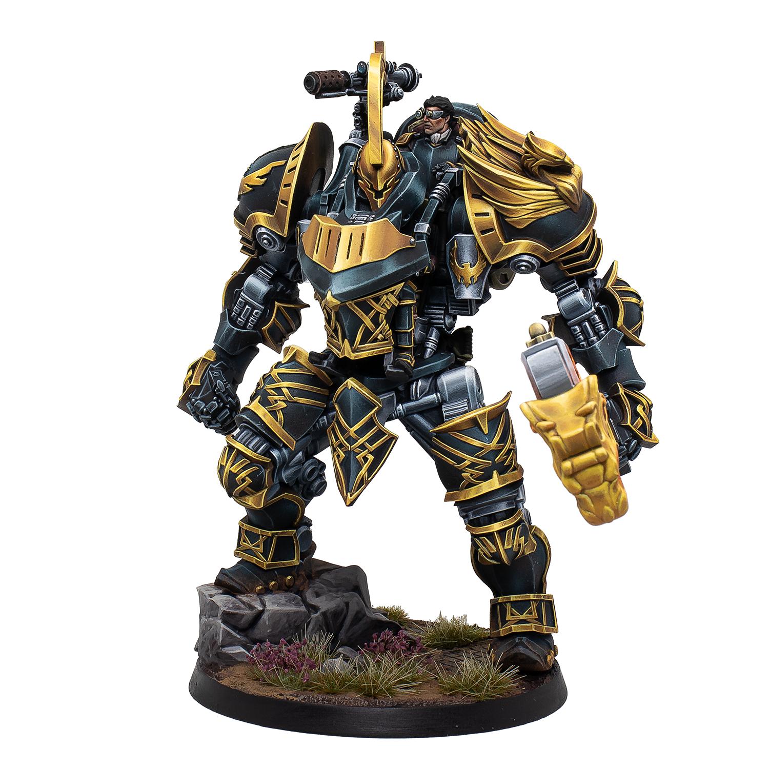 Detailed figurine with black and gold armor on a white background