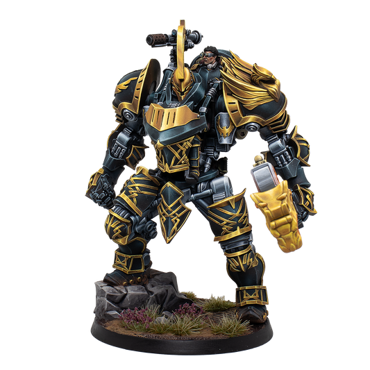 Detailed figurine with black and gold armor on a white background