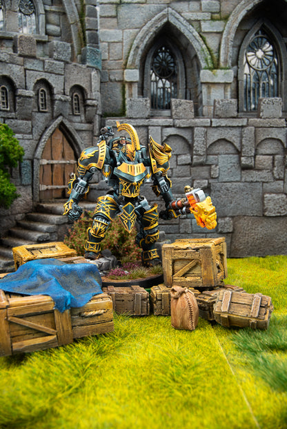 Fantasy figure in armor with a sword in front of a stone castle.
