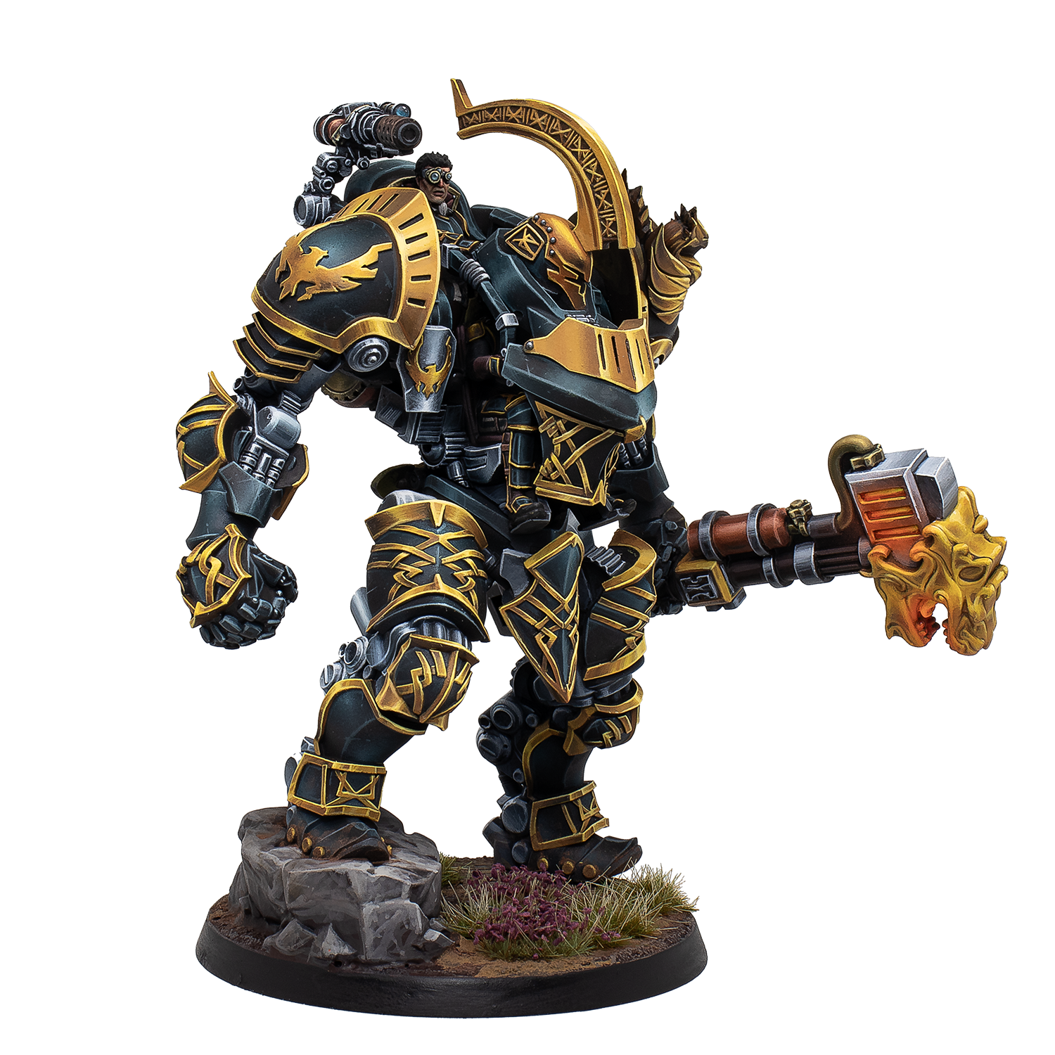 Warhammer figurine with detailed armor and weapon on a white background
