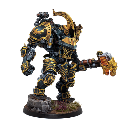 Warhammer figurine with detailed armor and weapon on a white background