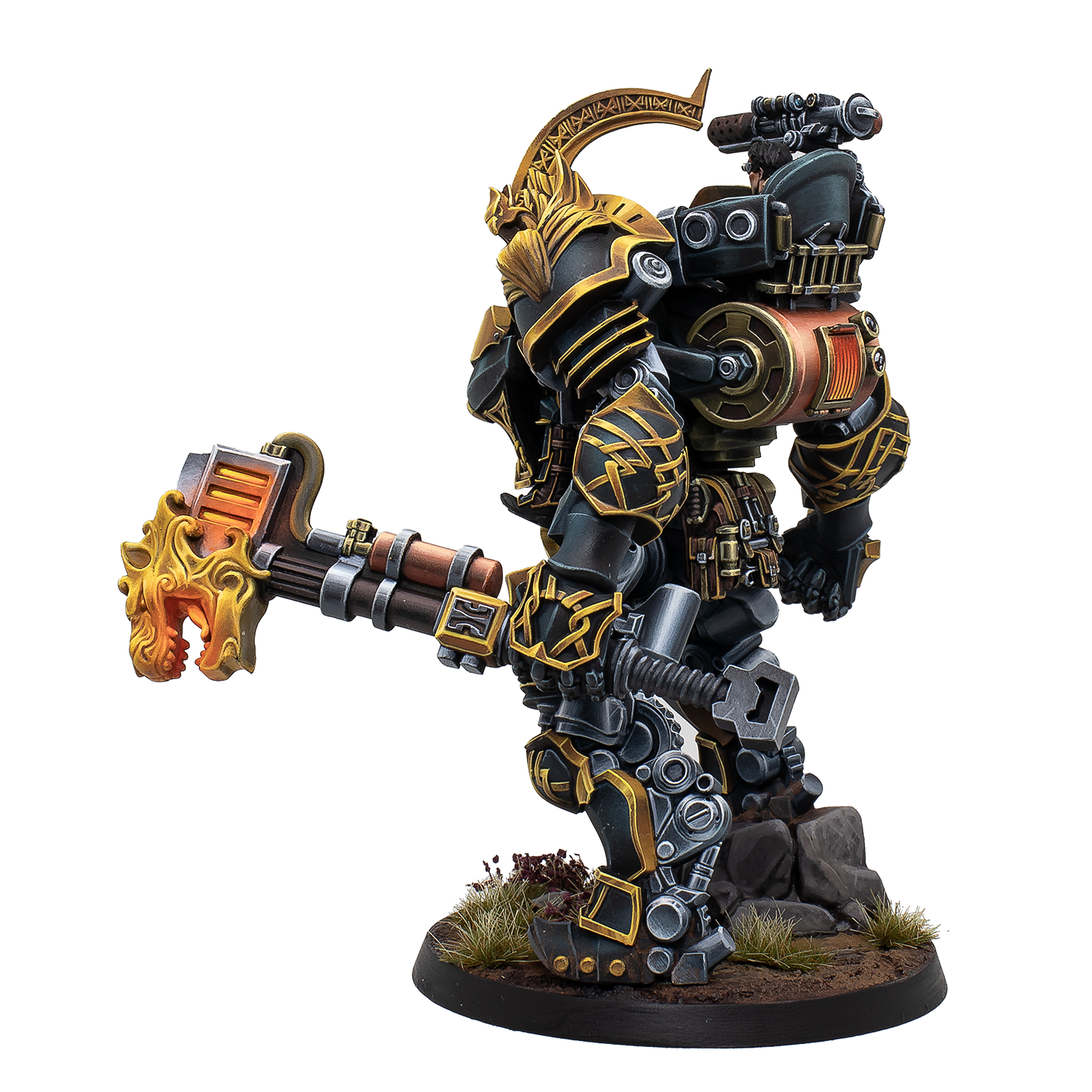 Mechanical figure with a large weapon on a white background