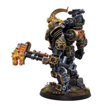 Mechanical figure with a large weapon on a white background