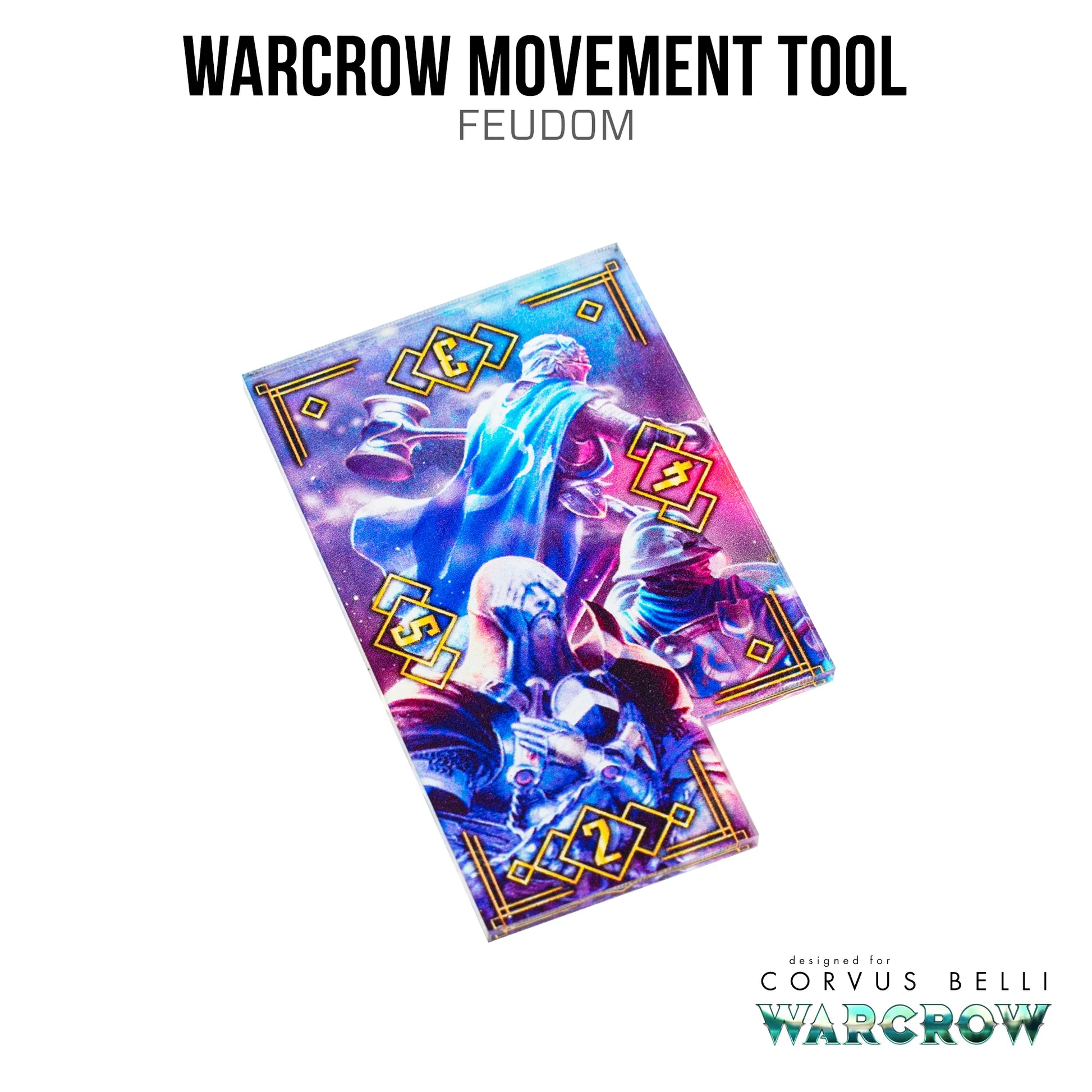 Colorful card with warrior illustration and 'Warcrow Movement Tool Feudom' text on a white background